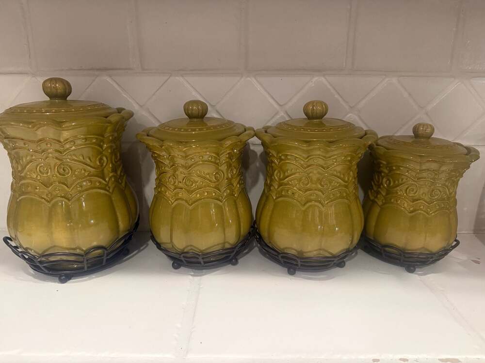 Celebrating Home Venetian Parsley Green Stoneware Canisters w Lids & Stands